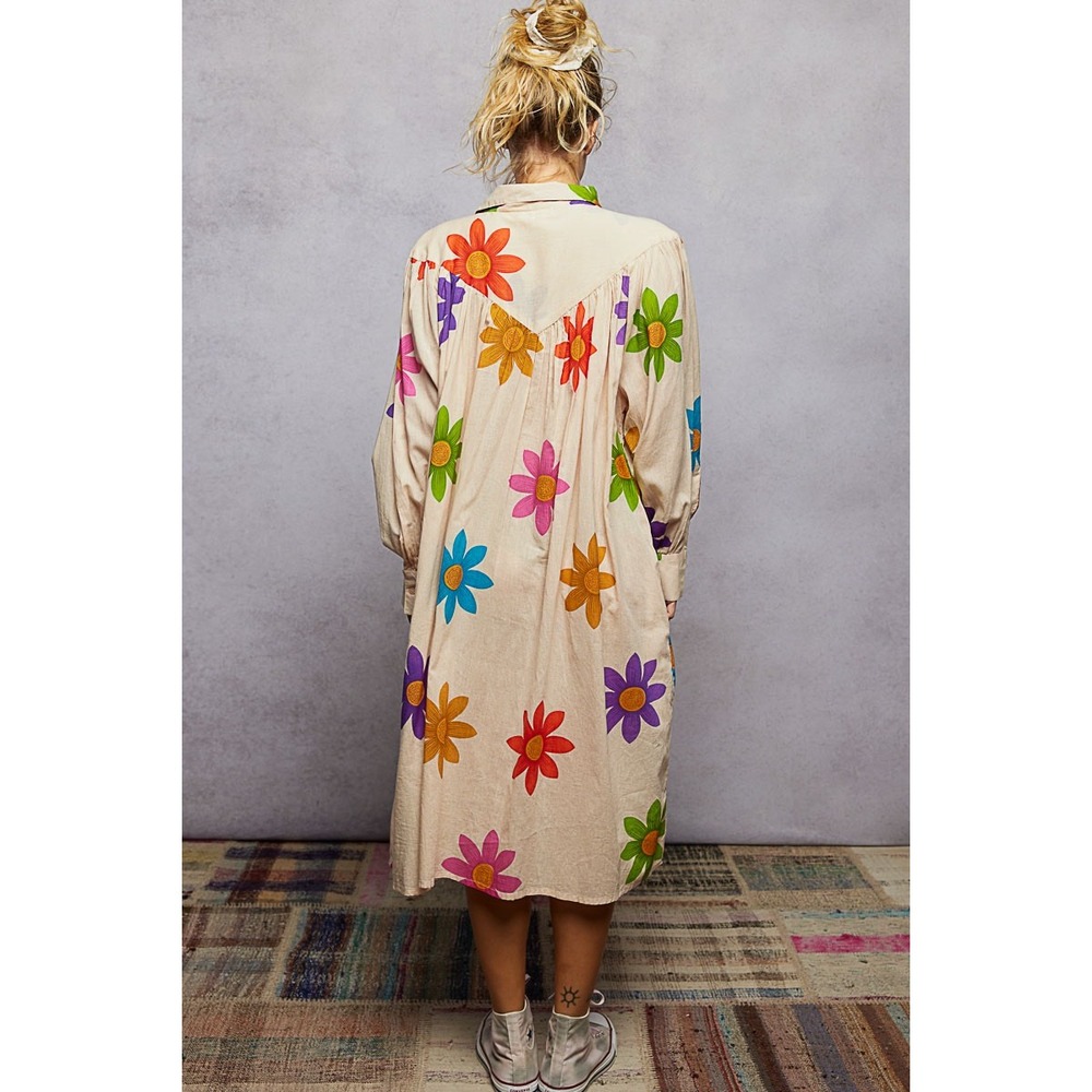 POL Floral Beaded Shirt Dress Long Sleeve‎ Midi Relaxed Fit Tan Multi SIZE M - Picture 4 of 7